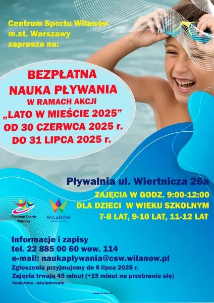Bezpłatna nauka pływania w ramach akcji "Lato w mieście 2025". Bezpłatna nauka pływania w ramach akcji "Lato w mieście 2025".